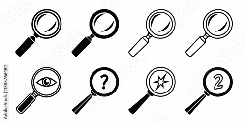 Magnifying Glass Icons Vector Set Black and White Search Investigation Symbols Eye Question Mark Starburst Number 2