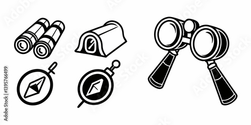 Black and White Vector Line Art Illustration of Camping Equipment Binoculars Tent and Compasses for Outdoor Adventures