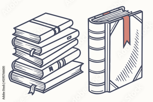 Isometric Line Art Books Illustration Stacked and Single Book with Red Ribbon Bookmark - Education Knowledge