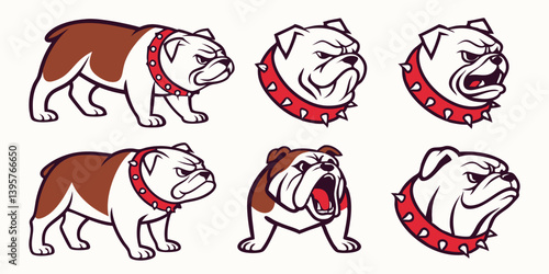 Cartoon Bulldog Mascot Vector Illustrations: Angry, Cute, Dog Breed, Red Spiked Collars, Brown and White Color Scheme, Pet Animal, Graphic Design, Vector Art, Clipart, Stock Images, Graphics