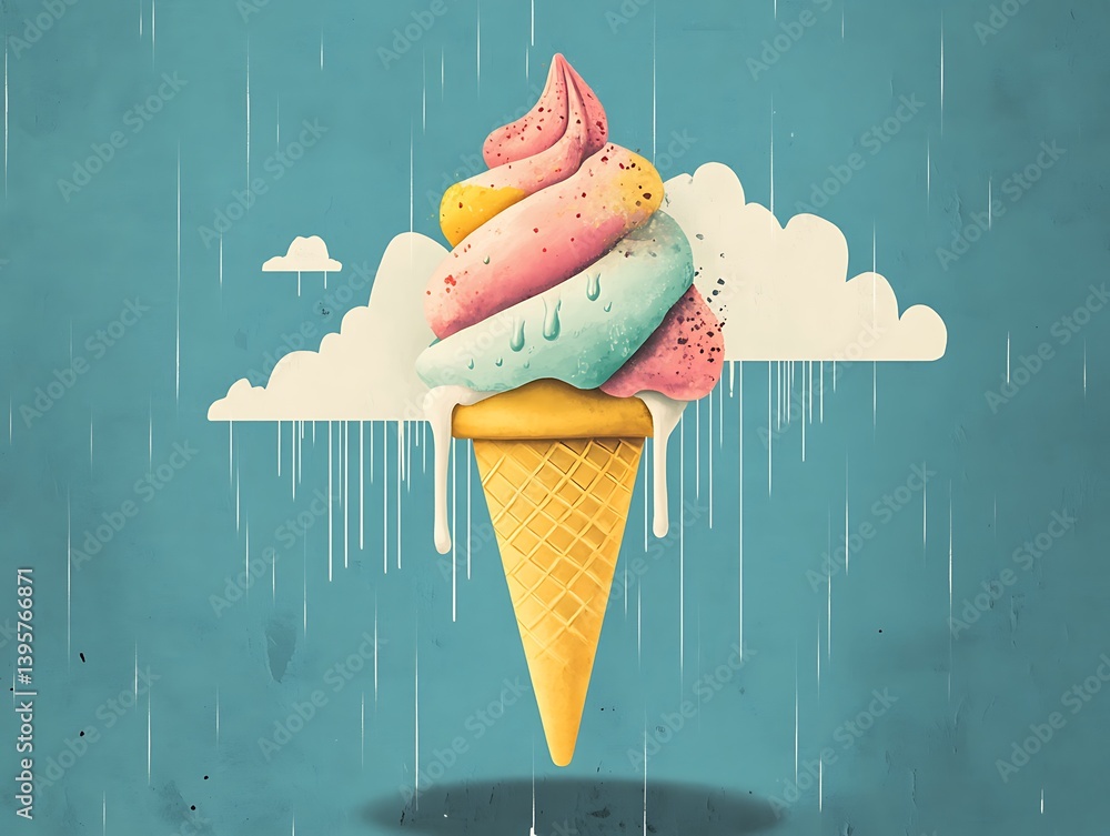 A melting ice cream cone under a rain cloud.