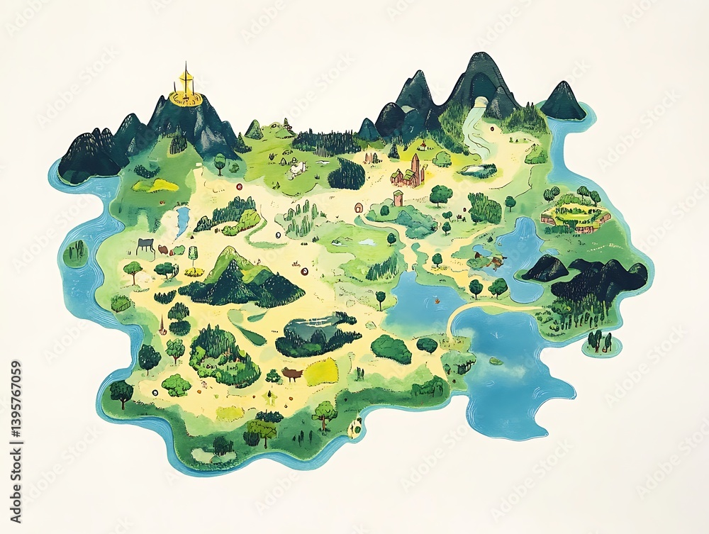 A whimsical illustrated map of a fantastical island.