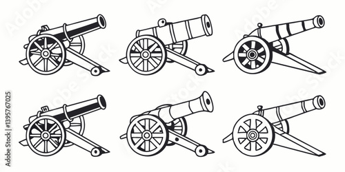 Set of Vintage Cartoon Cannons Black and White Line Art