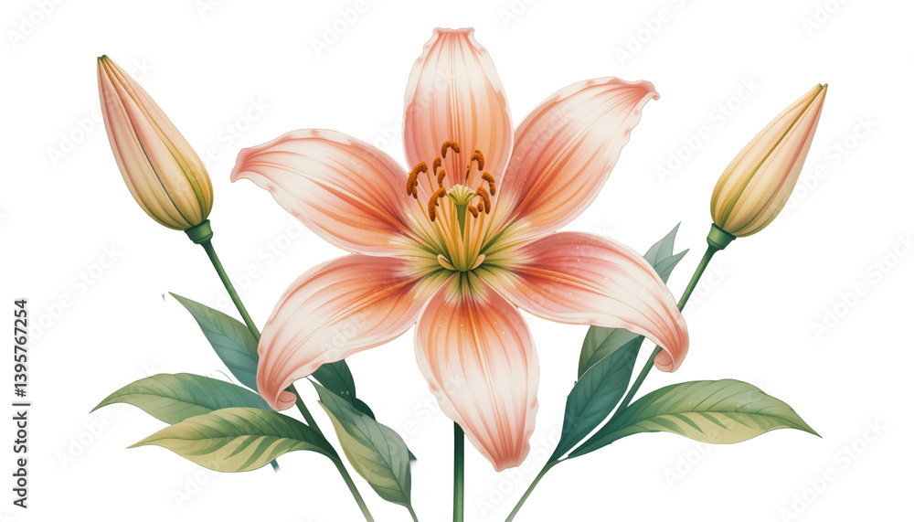 Fototapeta premium Watercolor illustration of a pink lily flower with green leaves and buds on a transparent background. Concept of floral beauty and nature.