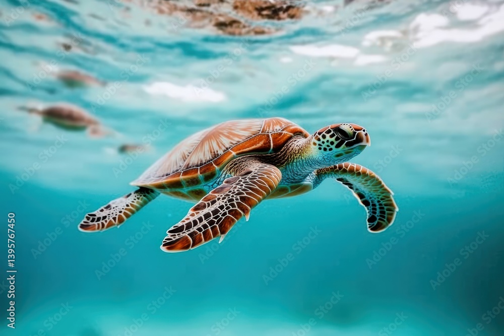 Fototapeta premium Sea turtle swimming in turquoise water with other turtles in background