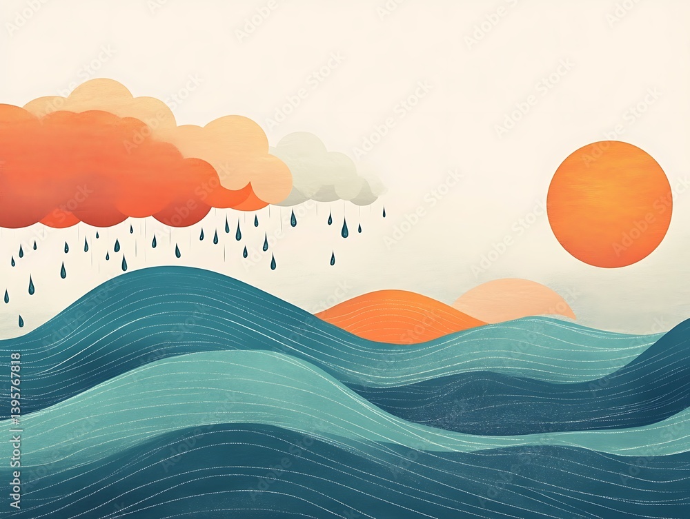 A serene seascape with rain clouds and a warm sun.