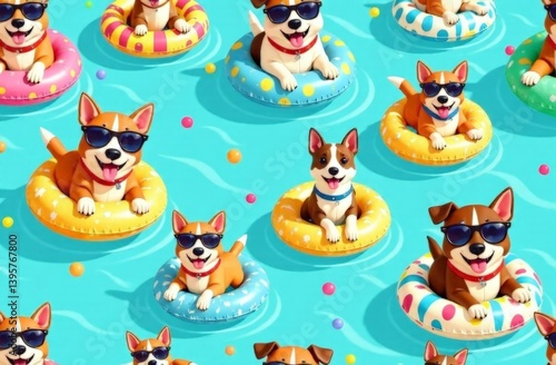 Illustration funny dogs  in inflatable rings enjoying hot summer vacation leisure set. Doodle pet enjoy emotion floating in pool 