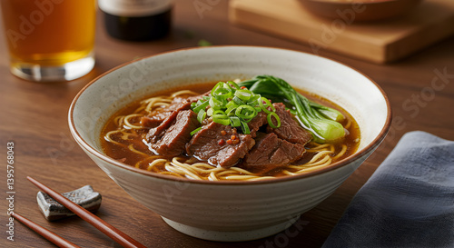 A Delicious Bowl Of Taiwanese Beef Noodle Soup With Scallions