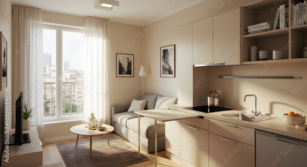 Cozy Studio Apartment Interior With Kitchenette And Space Saving Furniture Cozy Studio Apartment Interior With Kitchenette And Space Saving Furniture