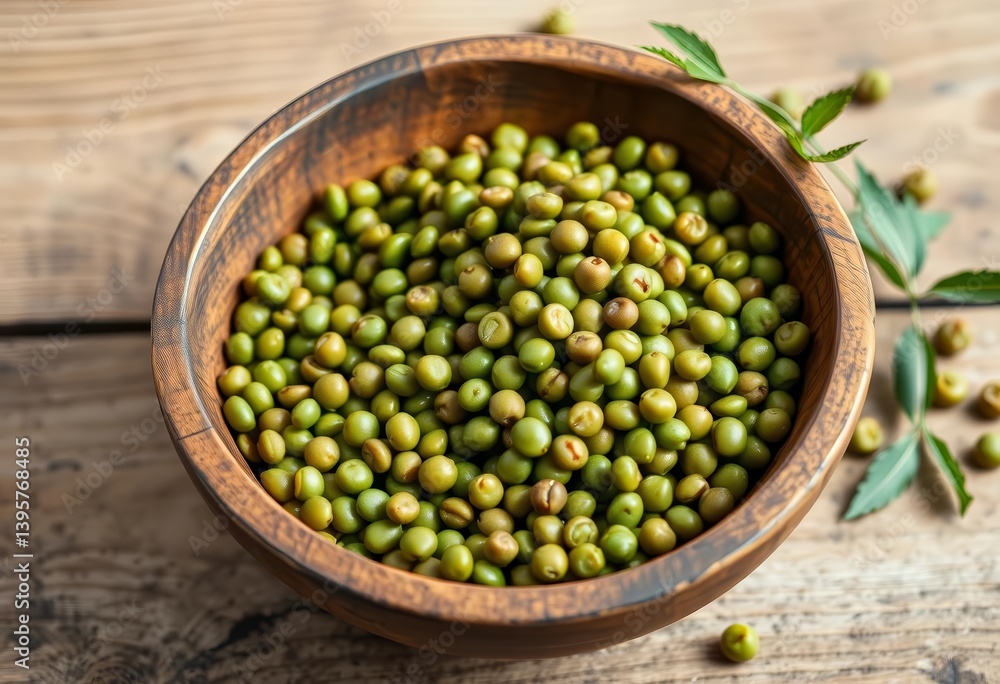 A rustic wooden bowl overflowing with vibrant green lentils, healthy, rustic background A rustic wooden bowl overflowing with vibrant green lentils, healthy, rustic background