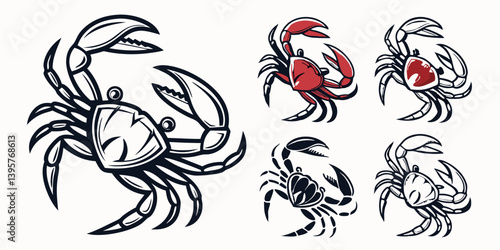 Cartoon Crab Vector Illustration Set Mascot Logo Red Black Grayscale