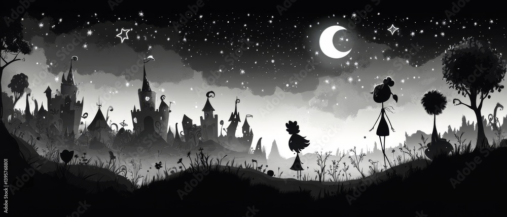 Fototapeta premium Black and white illustration of a cityscape at night with a moon and stars.