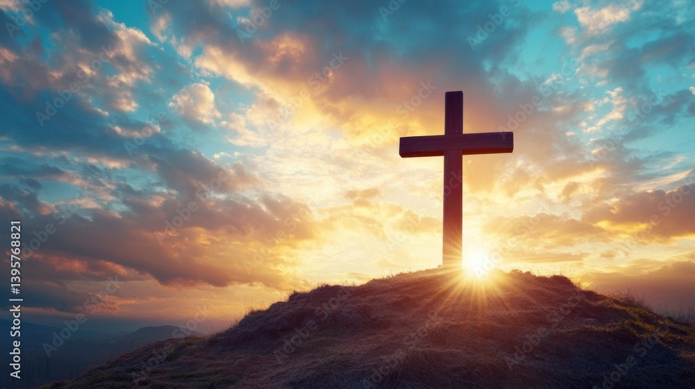 Silhouette of a cross on a hilltop at sunset. Silhouette of a cross on a hilltop at sunset.