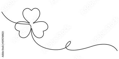 Happy St. Patrick's Day Line Drawing Banner with Shamrock with Editable Stroke Banner, Illustration of a three-leaf clover in white background, clover three leaf continuous one line dawing. minimalist