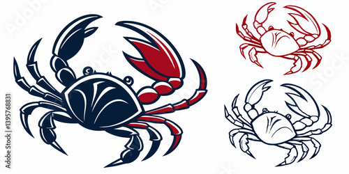 Cartoon Crab Vector Set Red Black Outline Seafood Marine Life Graphic Illustration