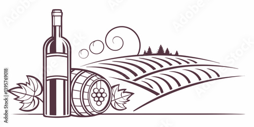 Line Art Wine Vineyard Landscape Bottle Barrel Grapes