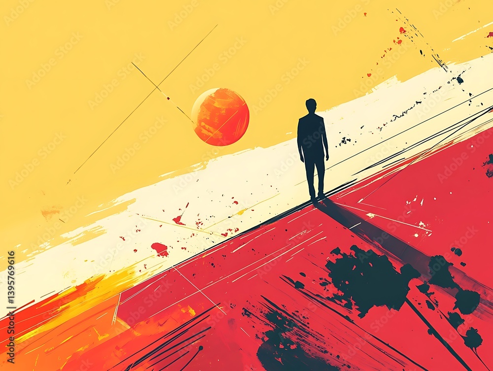 A solitary figure stands on a vibrant, abstract landscape under a solitary sun.