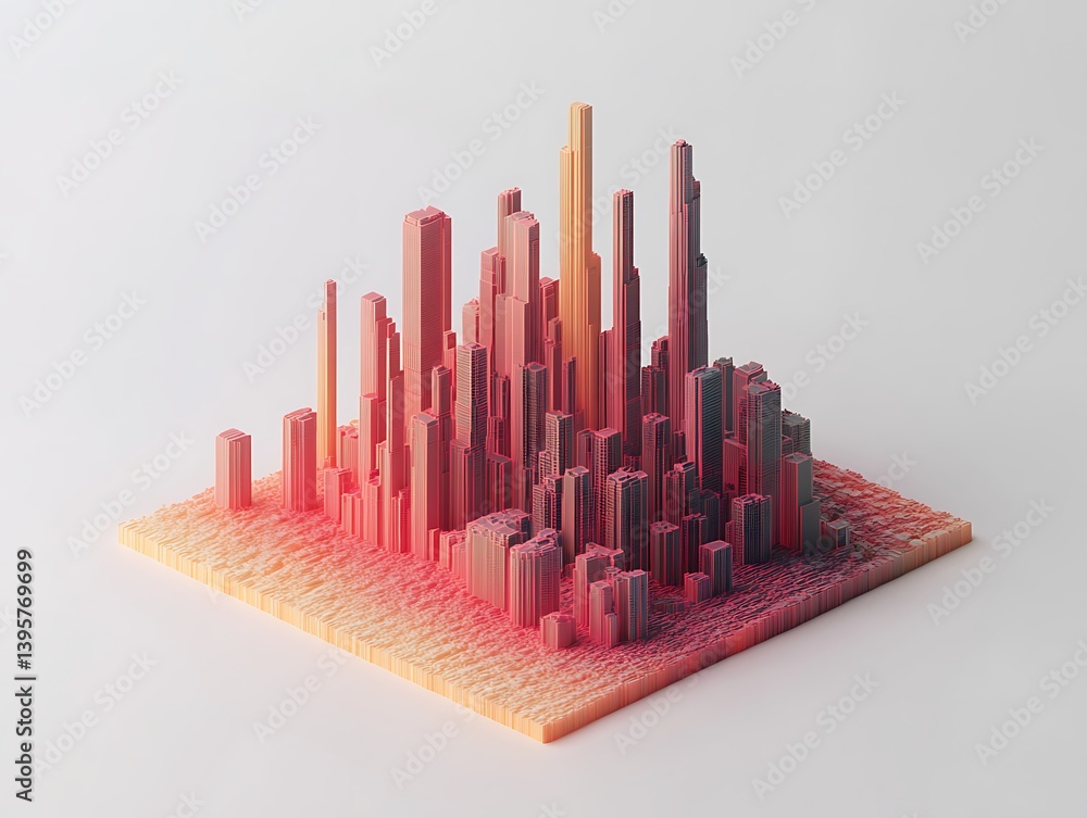 A stylized, pixelated city model showcasing density and architectural variation.