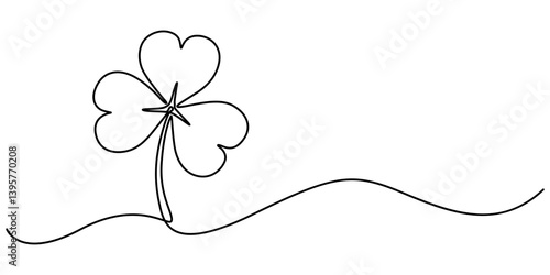Happy St. Patrick's Day Line Drawing Banner with Shamrock with Editable Stroke Banner, Illustration of a three-leaf clover in white background, clover three leaf continuous one line dawing. minimalist