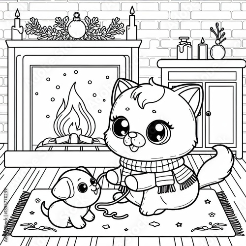 Coloring book Winter warmth with a kitty and puppy by the fire! Cute line art for coloring