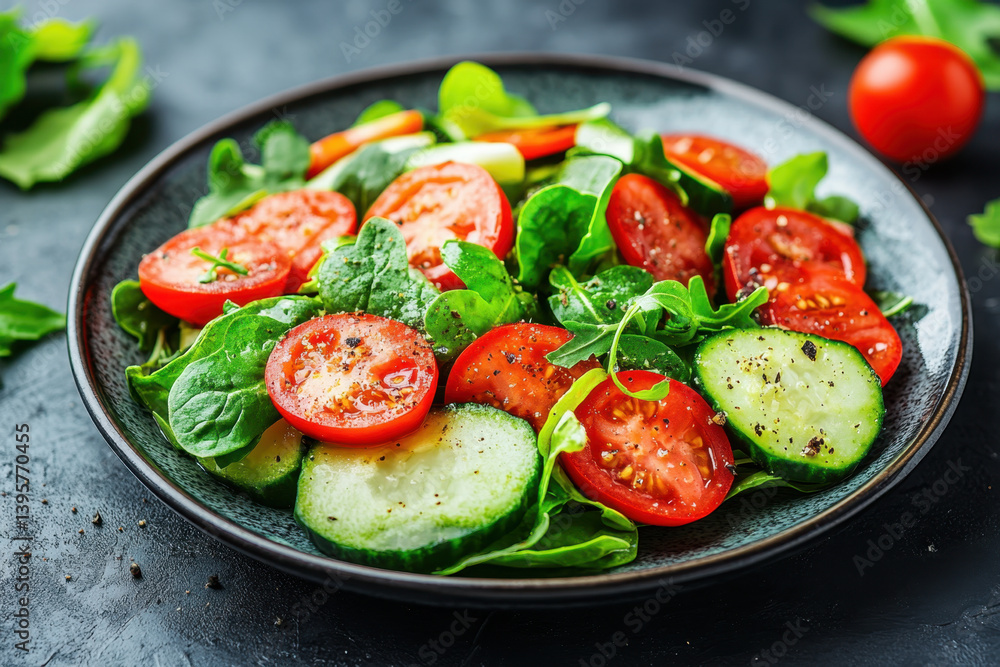 Fresh salad plate with cucumbers, tomatoes, and basil leaves, drizzled with olive oil and balsamic vinegar, presented on a wooden table outdoors. Fresh salad plate with cucumbers, tomatoes, and basil leaves, drizzled with olive oil and balsamic vinegar, presented on a wooden table outdoors.