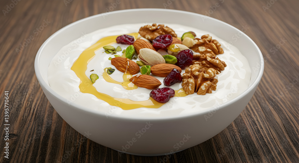 Bowl Of Creamy Greek Yogurt Topped With Mixed Nuts And Honey Drizzle Bowl Of Creamy Greek Yogurt Topped With Mixed Nuts And Honey Drizzle