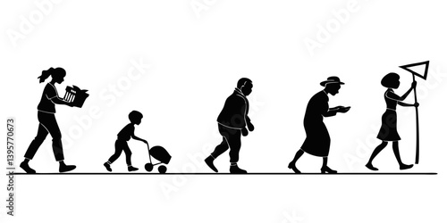 Silhouettes of People Walking Through Life Stages: Aging Process in Black and White Art