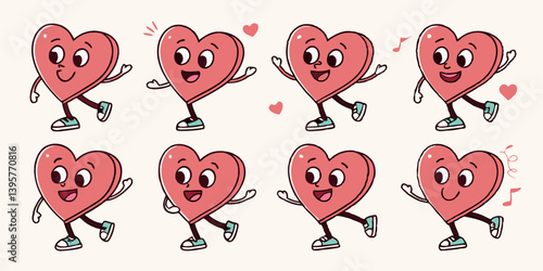 Retro Pink Cartoon Heart Characters Set - Dancing Valentine's Day Love Hearts with Arms and Legs