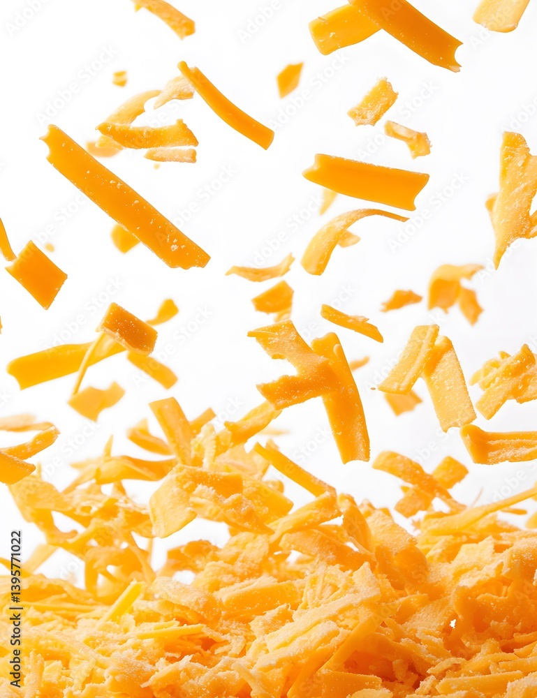 Fototapeta premium Shredded cheddar cheese strips falling on a white background, 