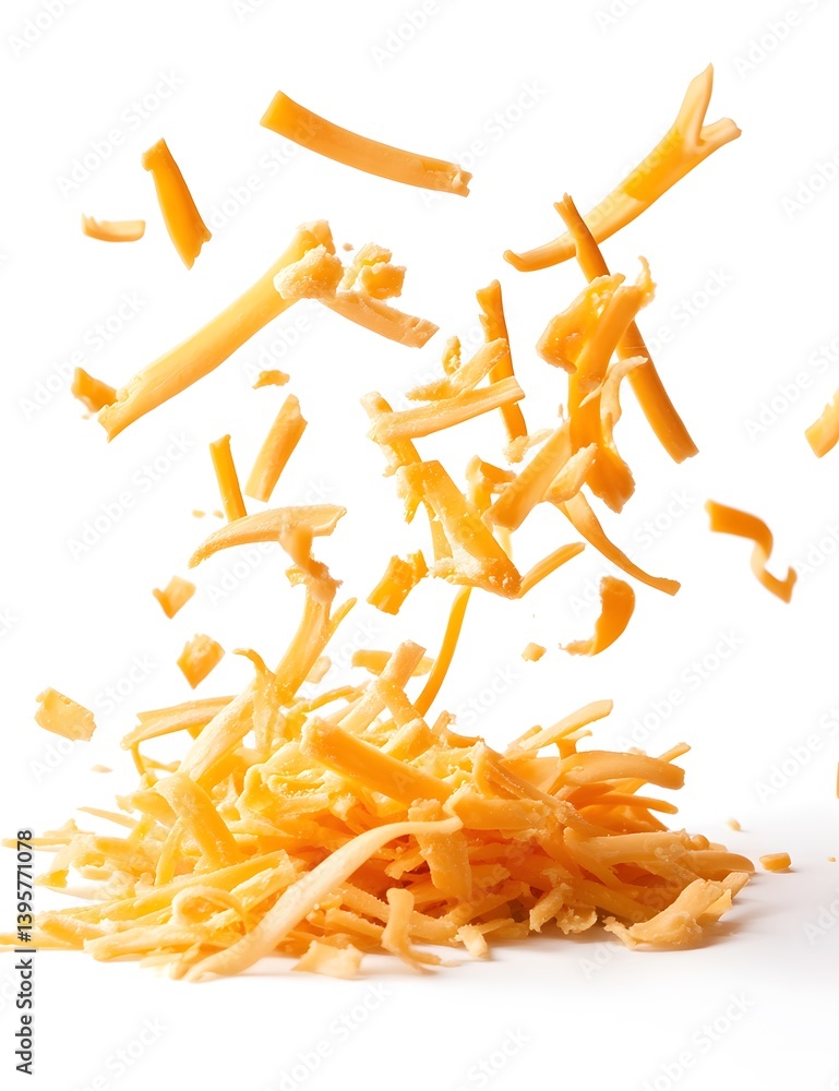 Fototapeta premium Shredded cheddar cheese strips falling on a white background, 