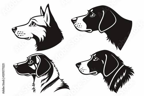 Black and White Vector Dog Head Illustrations Graphic Canine Portraits Hound Husky Beagle Pointer Dog Breeds Stock Images Collection of Four