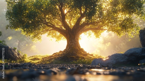majestic tree with sprawling branches and radiant sun shining through its leaves creates serene and uplifting atmosphere.