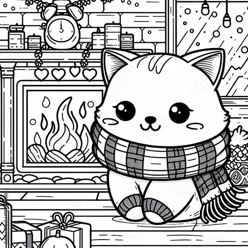 Coloring book Winter kitty warming by the fireplace Cute line art for coloring or cozy holiday designs.