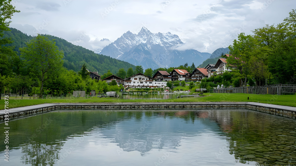 Naklejka premium Alpine Village Reflecting In Pond At Foothills