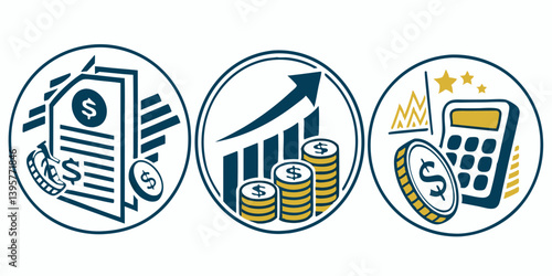 Finance Icons Set: Business Documents, Growth Chart, Calculator. Blue and Yellow Line Art