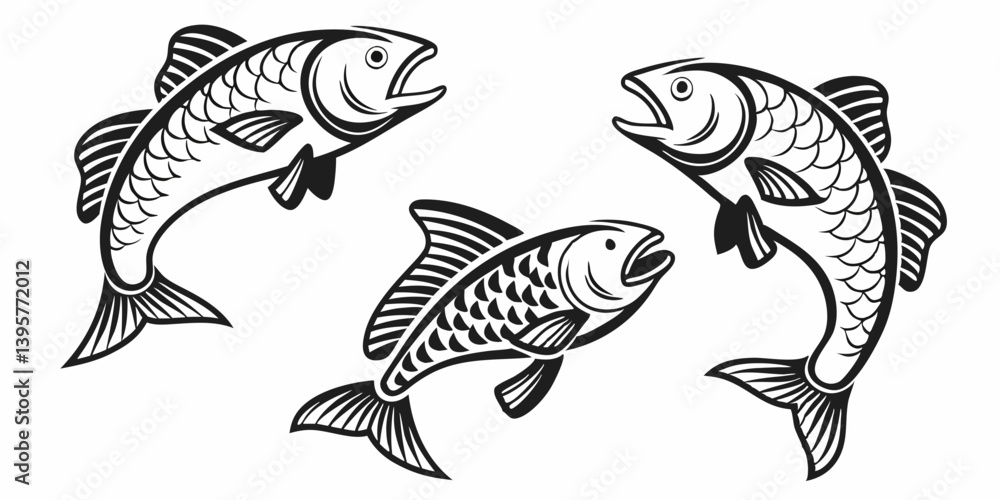 Naklejka premium Black and White Graphic Illustration of Three Fish with Open Mouths