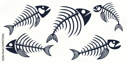 Cartoon Fish Skeleton Vector Set - Black and White Bones Graphic Illustration - Sea Animal Design