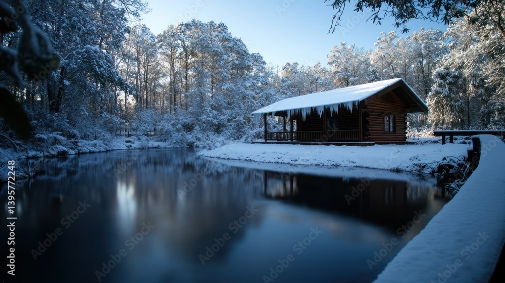 Fototapeta premium Snowy cabin by tranquil lake, winter woods