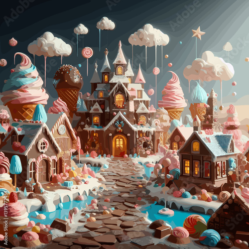 Whimsical candyland scene featuring a gingerbread castle and colorful sweets, representing fantasy and imagination with copy space