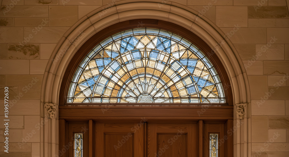 Obraz premium Starburst Patterned Leaded Glass Transom Windows Above Arched Doorway
