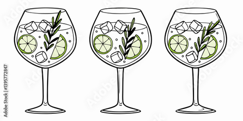 Gin and Tonic Cocktail Glasses Line Art with Lime Rosemary and Ice Illustration
