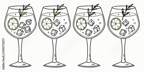 Four Gin and Tonic Cocktails with Lime and Rosemary - Black Line Drawing Art