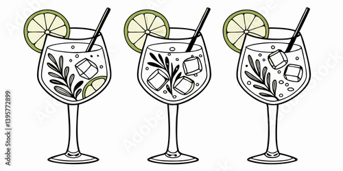 Three Line Art Gin and Tonic Vector Drinks with Lime, Rosemary & Ice