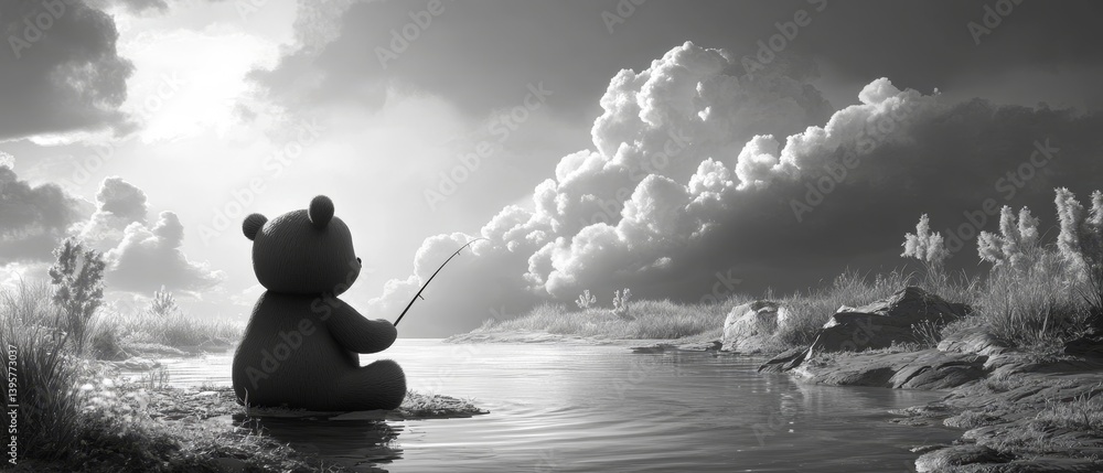 Stuffed bear sits at water's edge holding a stick cloudy sky background.