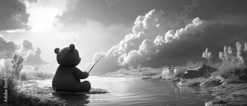 Obraz na płótnie Stuffed bear sits at water's edge holding a stick cloudy sky background. w salonie