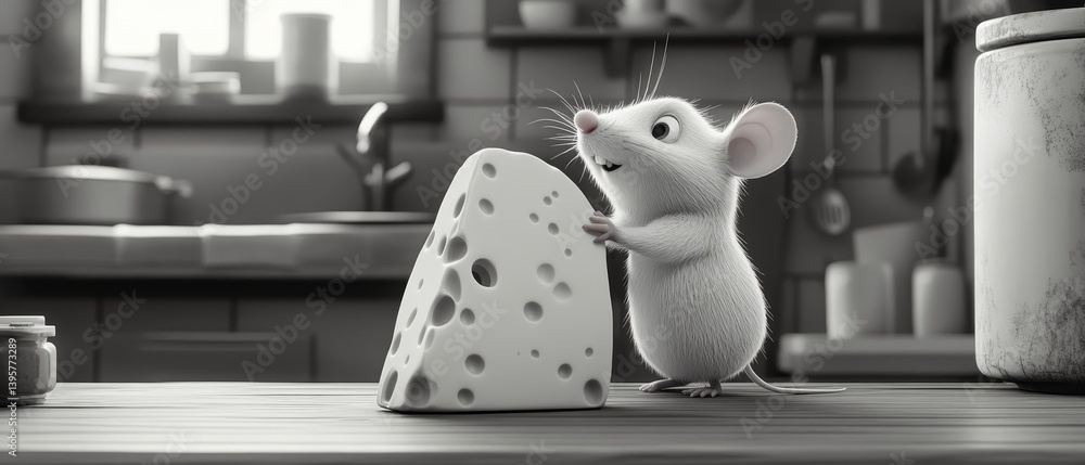 Cartoon mouse with cheese in a kitchen setting in black and white.