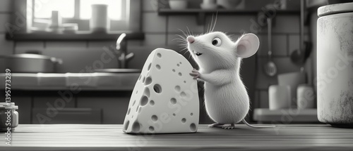 Obraz na płótnie Cartoon mouse with cheese in a kitchen setting in black and white. w salonie