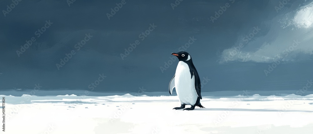 A penguin stands on white snow under a cloudy blue sky.