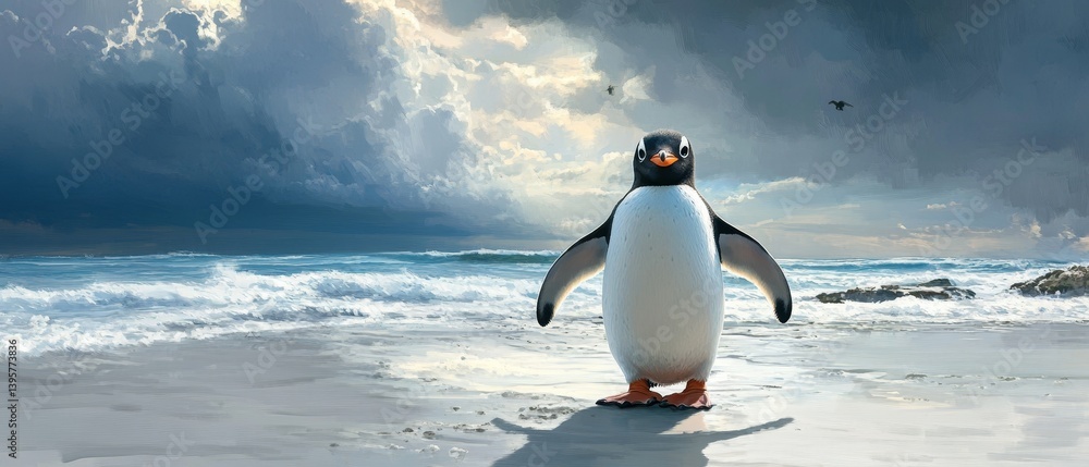 A penguin stands on a sandy beach with ocean waves and cloudy sky.