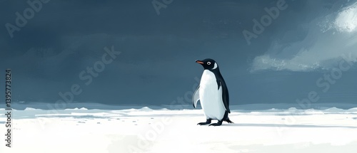 Obraz na płótnie A penguin stands on white snow under a cloudy blue sky. w salonie